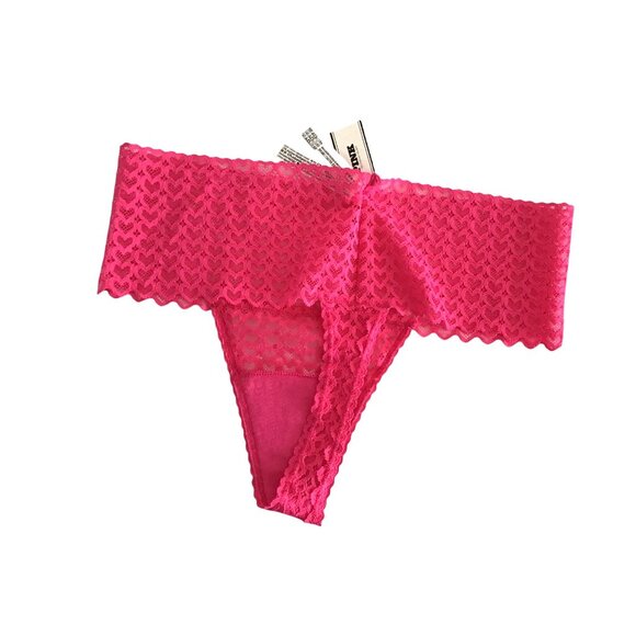 PINK- WOMENS PINK HEART LACE HIGH RISE UNDERWEAR THONG SIZE MEDIUM - Picture 2 of 2